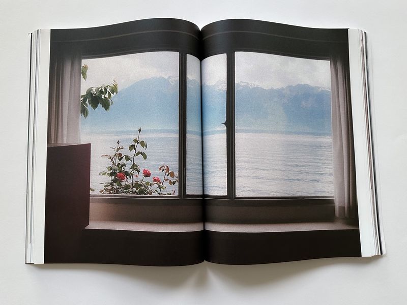 Open book with a photo of a lake and mountains viewed through a window with potted red roses, creating a tranquil, scenic image.