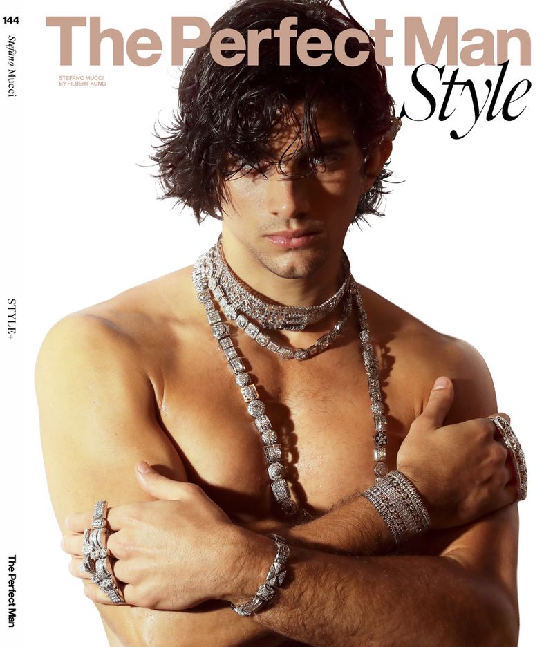 Shirtless man wearing multiple layered silver statement necklaces, bracelets, and rings with arms crossed against a white background.