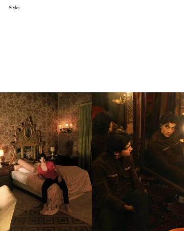 Split view of a man in a red shirt on a bed and a man in a brown jacket seated near a mirror in a bedroom.