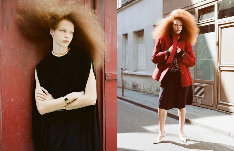 A split fashion shot of a woman with large hair posing against a red wall and on a city street wearing a red jacket and white heels.