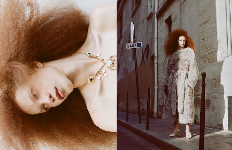 Portrait of a woman with voluminous ginger hair wearing a necklace; A woman in a long coat stands on a street in front of a building.