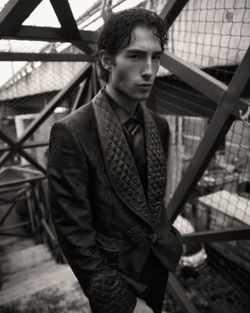 Monochrome portrait of a male model wearing a quilted velvet suit, posing in front of a geometric metal structure, neutral expression.
