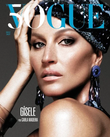 Vogue Brasil cover featuring Gisele Bündchen in a close-up portrait with a patterned headwrap and large earrings, showcasing fashion and beauty.