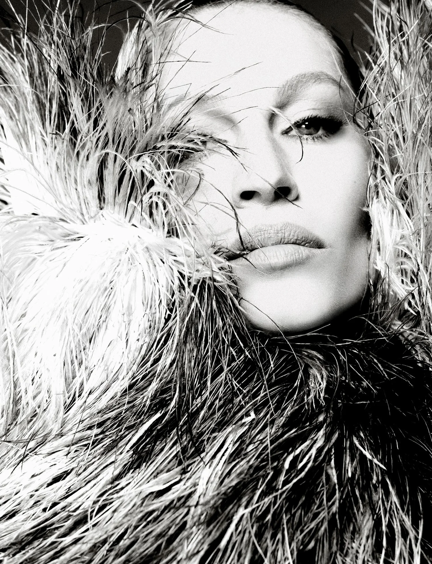 Monochromatic portrait of a person framed by dark and light feathers, gazing directly at the camera with a serious expression.