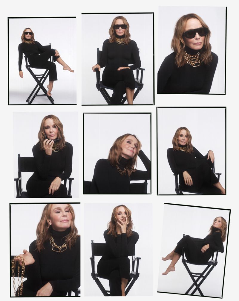 Philippine Leroy Beaulieu in a black turtleneck and chunky gold necklace on a director chair for L'Officiel Turkey.