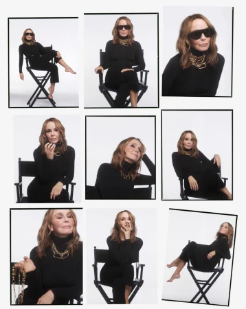 Philippine Leroy Beaulieu in a black turtleneck and chunky gold necklace on a director chair for L'Officiel Turkey.
