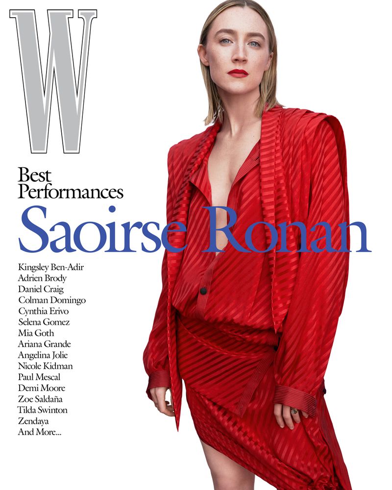 Saoirse Ronan poses on a W Magazine cover in a red patterned dress. Ronan wears red lipstick, and the cover lists 'Best Performances'.
