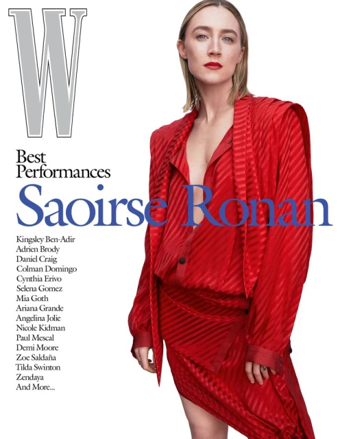Saoirse Ronan poses on a W Magazine cover in a red patterned dress. Ronan wears red lipstick, and the cover lists 'Best Performances'.