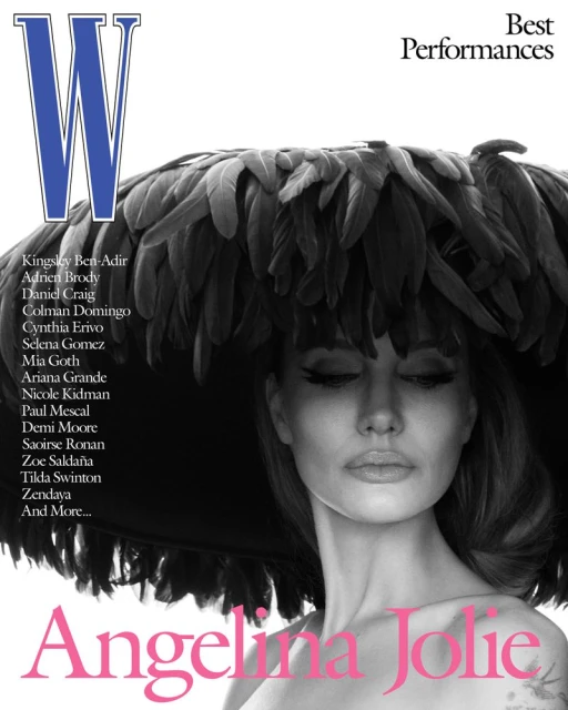 Magazine cover featuring Angelina Jolie with a large feathered hat. The cover also features the text 'W' and 'Angelina Jolie'.