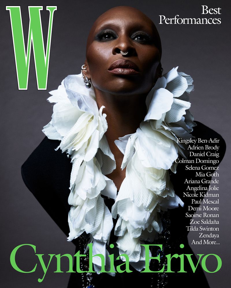 Magazine cover featuring Cynthia Erivo wearing a ruffled white collar and black top against a gray background with green lettering and logos.