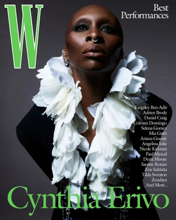 Magazine cover featuring Cynthia Erivo wearing a ruffled white collar and black top against a gray background with green lettering and logos.