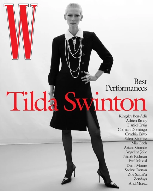W Magazine cover featuring Tilda Swinton in a black dress, pearl necklace, and heels. Red 'W' logo and celebrity names on the right.