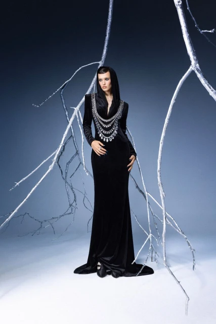 A woman in a black velvet gown with a jeweled collar poses in a photo studio with stylized white branches as a background element.