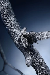 Diamond butterfly-shaped brooch mounted on a silver textured tree branch against a dark blue gradient backdrop.