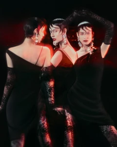 Model posing in multiple exposures wearing an asymmetrical black dress and lace opera gloves against a dark background.