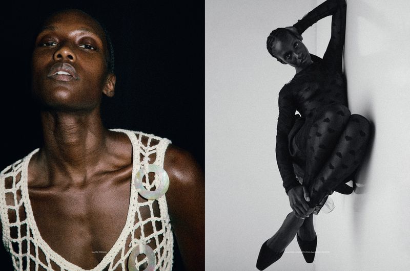 Dual portrait featuring a black woman in a crochet top against a dark backdrop and another in a patterned bodysuit leaning against a white wall.