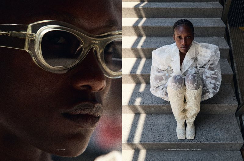 Close-up of a woman in translucent sunglasses, and a full shot of a model in white lace sitting on concrete steps outdoors.