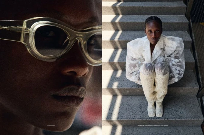 Close-up of a woman in translucent sunglasses, and a full shot of a model in white lace sitting on concrete steps outdoors.
