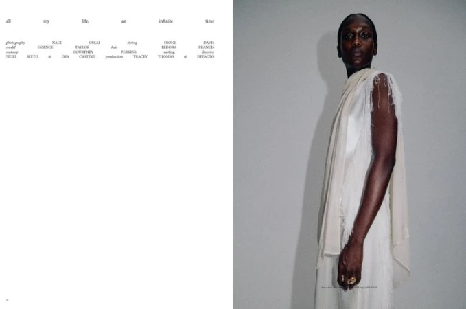 Editorial spread featuring model Essence Taylor in an off-white draped dress beside magazine credits and typography.