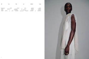 Editorial spread featuring model Essence Taylor in an off-white draped dress beside magazine credits and typography.