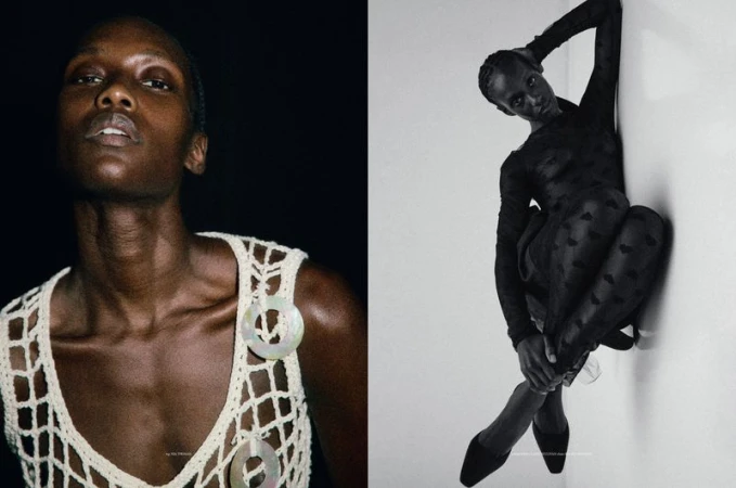 Fashion editorial diptych of model Essence Taylor in an openwork crochet top and a full-length pose in a black patterned bodysuit.
