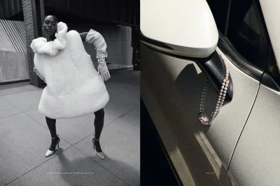 Black and white editorial diptych featuring model Essence Taylor wearing a sculptural white textured garment and heels next to a pearl necklace on a car mirror.