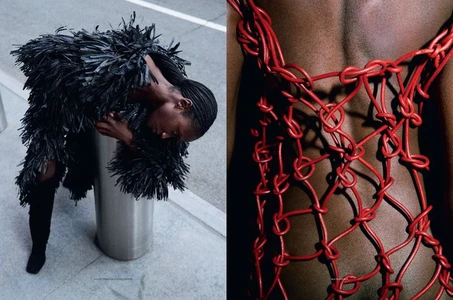 Editorial diptych of Essence Taylor in a black textured fringe coat leaning over a bollard and wearing a red knotted rope mesh dress.