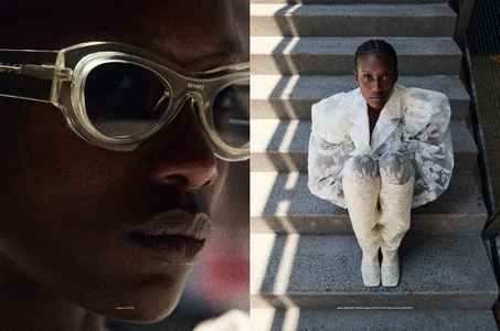 Close-up portrait of a Black model in sunglasses paired with a full-length shot seated on concrete outdoor steps.