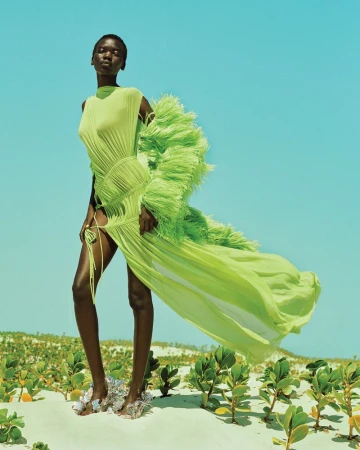 Model in flowing lime green feathered dress standing on sandy ground against a clear blue sky