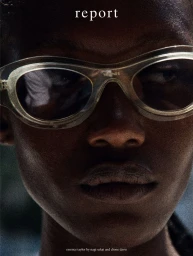 Close-up portrait of Essence Taylor wearing transparent acetate sunglasses for Report Magazine cover.