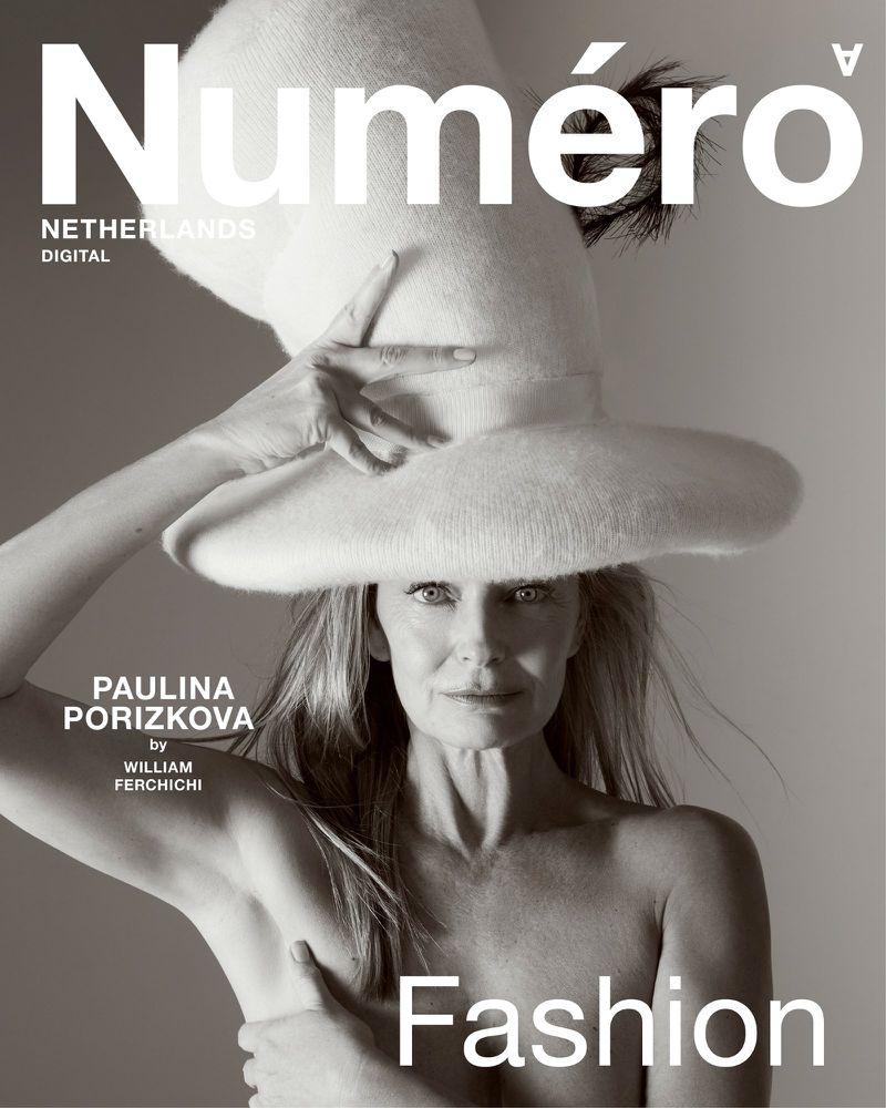 Numero magazine cover featuring Paulina Porizkova wearing a large hat and posing nude, captured in a monochrome fashion editorial shot.