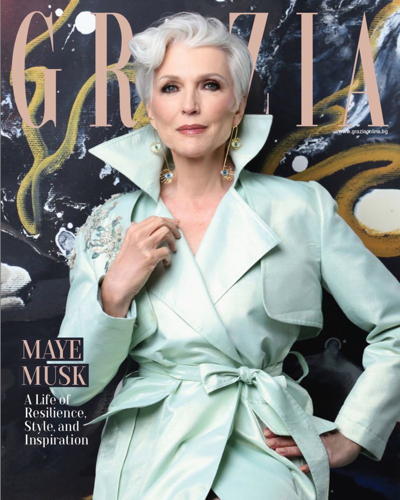 Magazine cover featuring Maye Musk in a mint green jacket, posing in front of an abstract art background, with 'Grazia' logo.