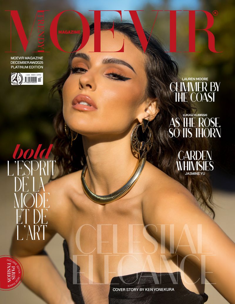 Moevir Magazine cover features a woman with makeup and jewelry posing outdoors in a black top against a blurred background.