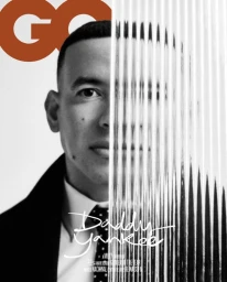 Portrait of Daddy Yankee partially obscured behind textured fluted glass for GQ Espana cover portrait