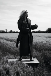 Kate Winslet wearing a long dark coat standing outdoors in a grassy field under an overcast sky.