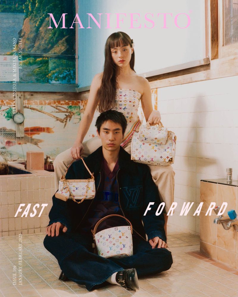 Two Asian fashion models pose in a tiled room with Louis Vuitton handbags. Magazine cover with visible text: 'MANIFESTO' and 'FAST FORWARD'.