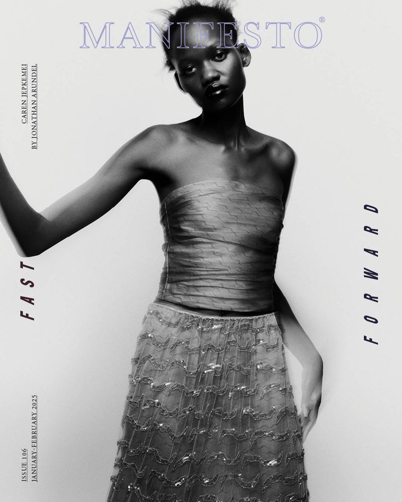 Manifesto magazine cover featuring a Black model wearing a dress, shot in a studio with the title 'Manifesto' and fashion text.