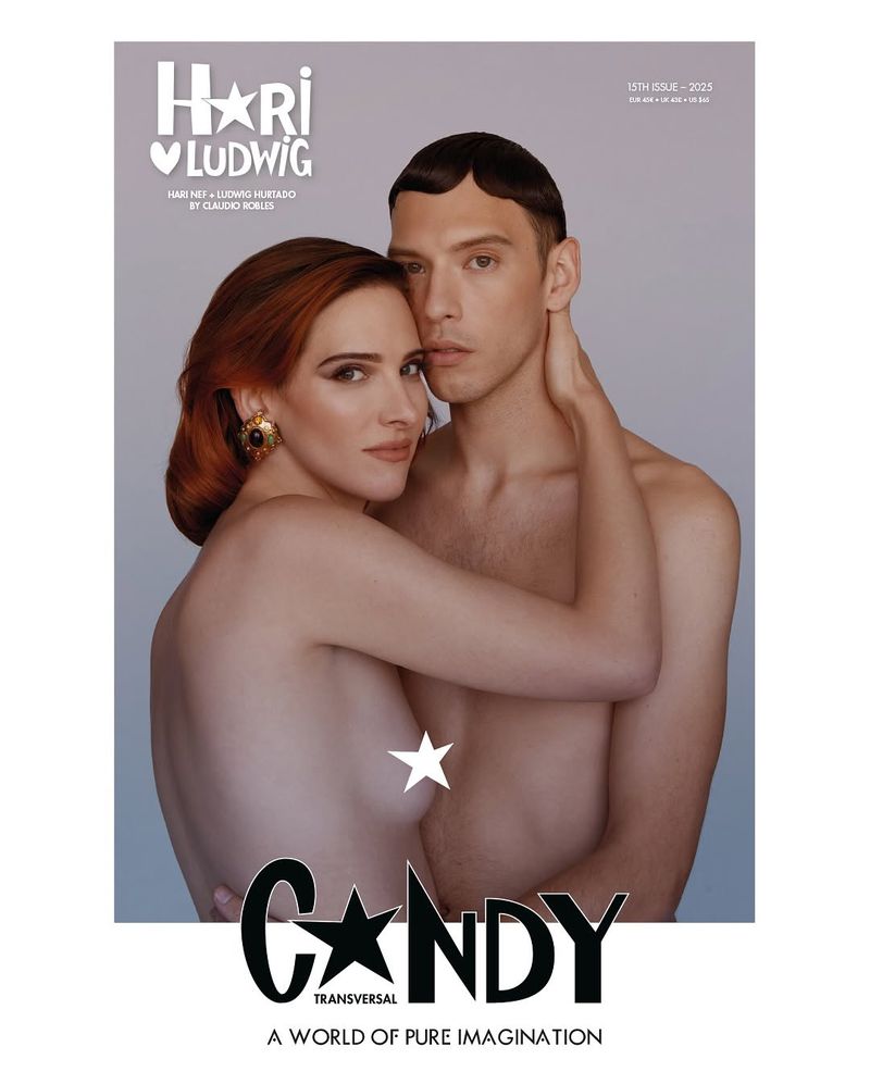 Magazine cover featuring a red-haired woman and a shirtless man embracing against a grey background, with bold 'CANDY' typography.