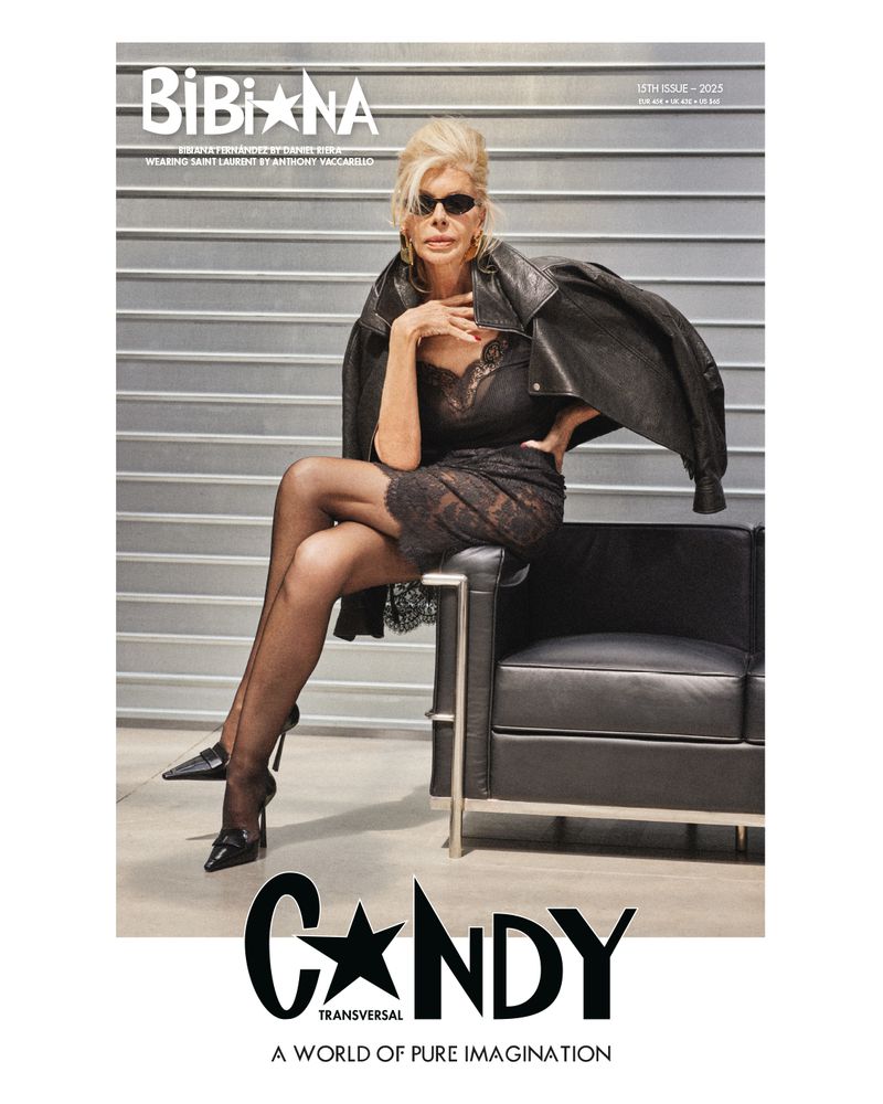 Magazine cover featuring a blonde woman in black attire, seated with a black leather jacket. The magazine is titled 'Candy.'