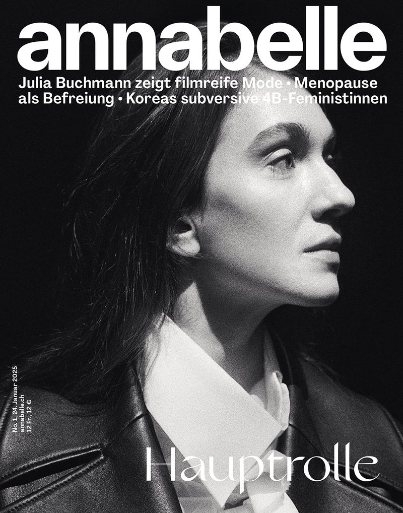Annabelle magazine cover featuring a woman in a black leather jacket and white collared shirt against a dark background.