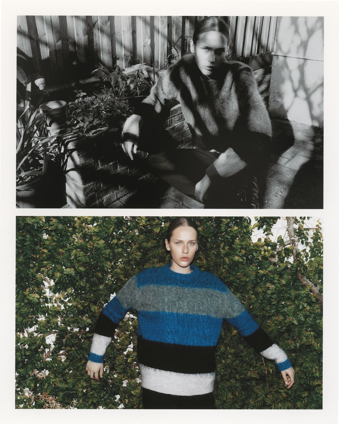 Two fashion shots on a white background featuring a young adult woman in sweaters, outdoor lighting, and natural backgrounds with plants.