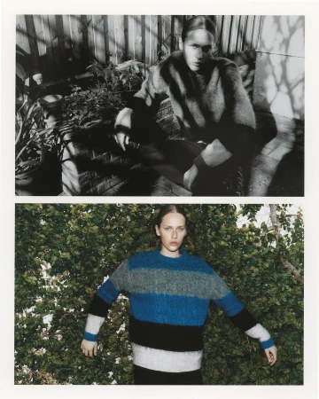 Two fashion shots on a white background featuring a young adult woman in sweaters, outdoor lighting, and natural backgrounds with plants.