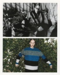A diptych of a woman wearing a striped wool sweater in an outdoor garden and courtyard setting by Levon Baird.
