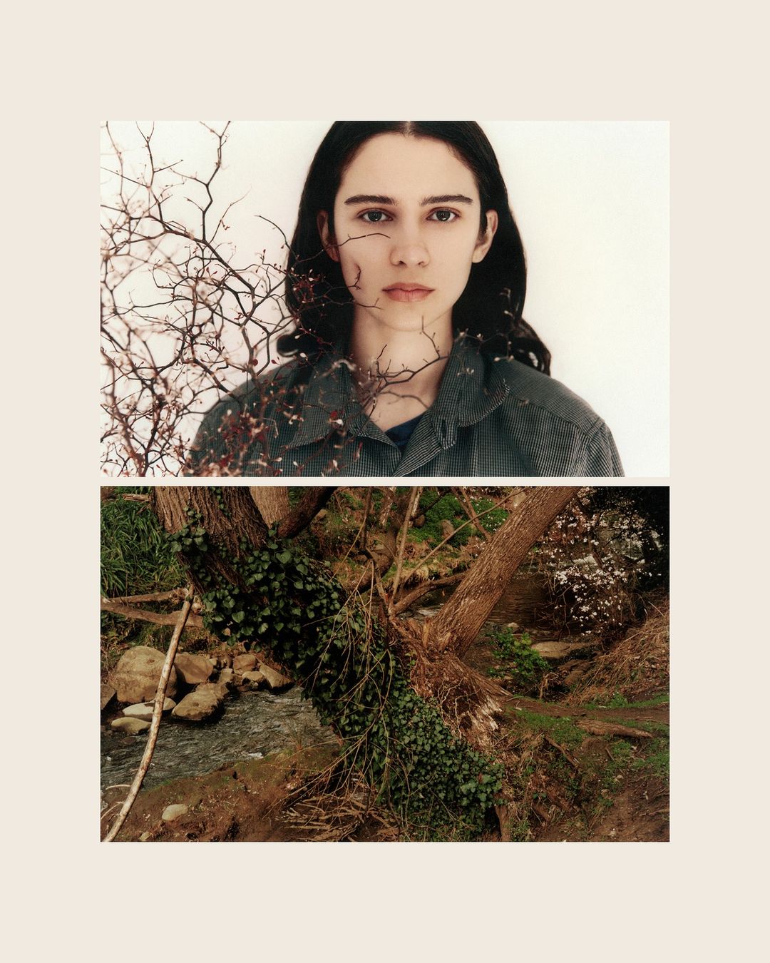 Split-frame composition featuring a young woman with a contemplative expression and an outdoor stream with tree and rock elements.