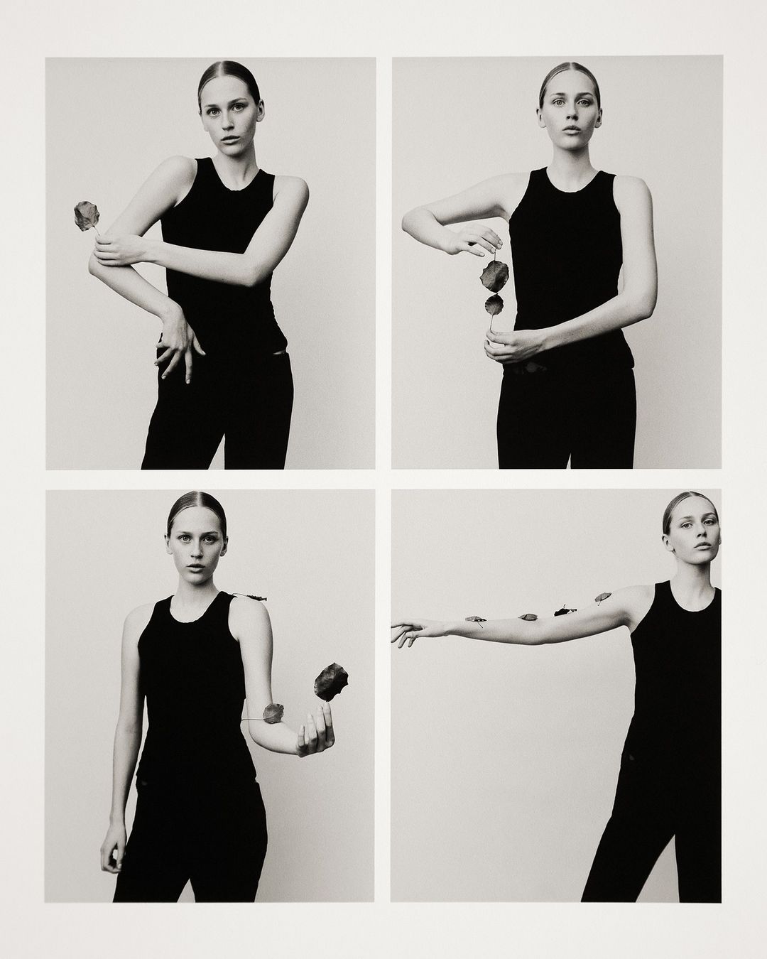 Four-panel fashion shot of a fair-skinned female model in a black tank top and pants, posing with roses against a light grey background.