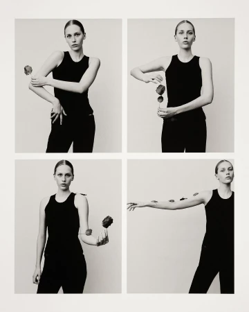 Four-panel fashion shot of a fair-skinned female model in a black tank top and pants, posing with roses against a light grey background.