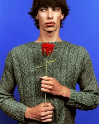 Young man in a green cable-knit sweater holding a crocheted red rose against a vibrant blue backdrop.