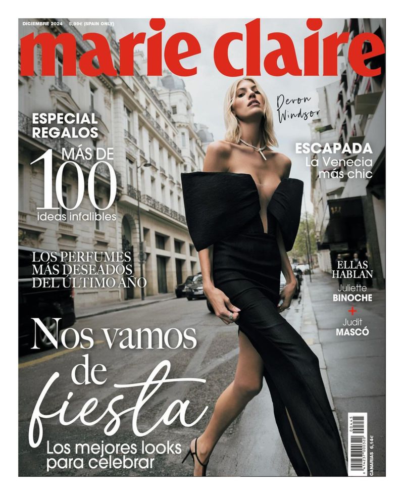 Marie Claire magazine cover featuring Devon Windsor in a black dress on a city street. December 2020 issue with perfume and celebration theme.