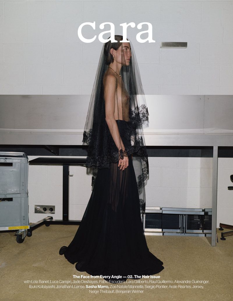 A fashion editorial-style shot shows a woman in a dark dress and veil in a staged environment. The image is clean with white background.