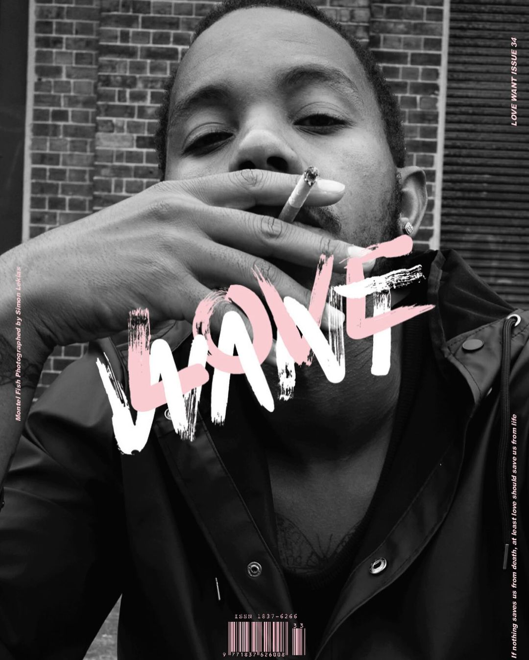 Magazine cover featuring a man smoking against a brick wall background, showcasing lifestyle and editorial photography in black and white.